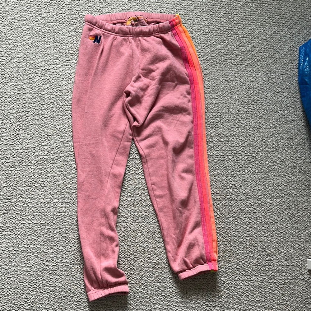 Aviator Nation Pink Joggers with Rainbow Stripe